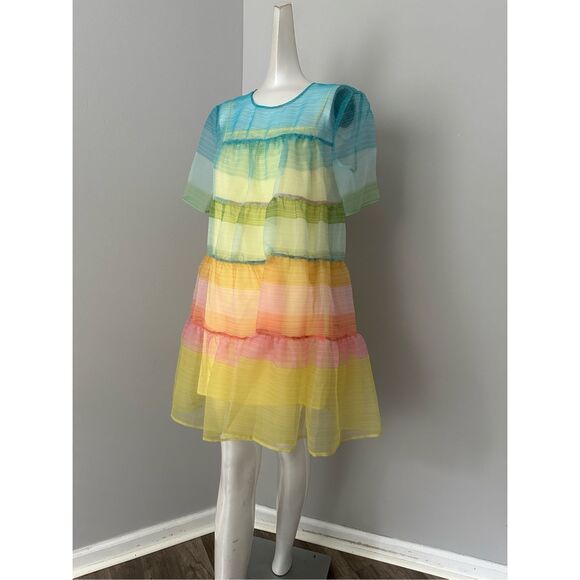 NWT Staud Sheer Organza Hyacinth Short Sleeve Tiered Mini Dress Multicolor Small - Picture 11 of 12